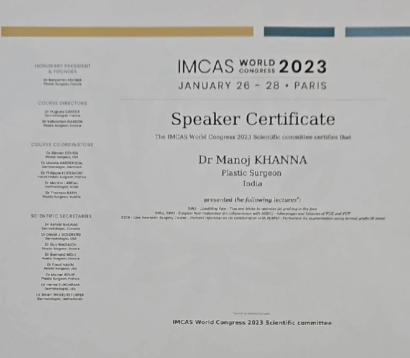 Speaker Certificate at IMCAS World Congress 2023 Speaker Certificate at IMCAS World Congress 2023